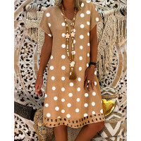 Polka Dot Print Hollow Out Casual Dress - khaki