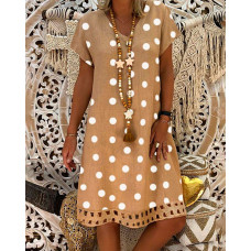 Polka Dot Print Hollow Out Casual Dress - khaki