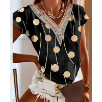 Polka Dot Print Lace Patch V Neck Top - black