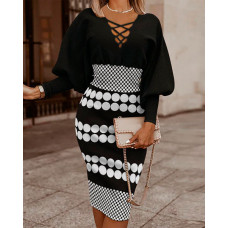 Polka Dot Print Lantern Sleeve Midi Dress - black