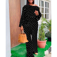 Polka Dot Print Lantern Sleeve Top & Pants Set - black