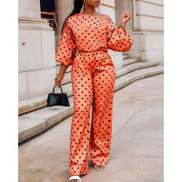 Polka Dot Print Lantern Sleeve Top & Pants Set - orange