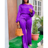 Polka Dot Print Lantern Sleeve Top & Pants Set - purple