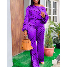 Polka Dot Print Lantern Sleeve Top & Pants Set - purple