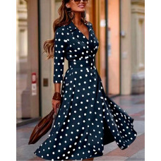 Polka Dot Print Long Sleeve Work Dress - purplish blue