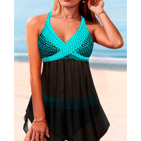 Polka Dot Print Sheer Mesh Halter Tankini Set - blue