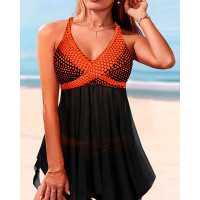 Polka Dot Print Sheer Mesh Halter Tankini Set - orange