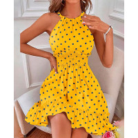 Polka Dot Print Shirred Ruffles Halter Casual Dress - yellow