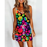 Polka Dot Print Tied Detail Drawstring Casual Dress - Multicolor