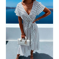 Polka Dot Print Tied Detail Wrap Mermaid Dress - white