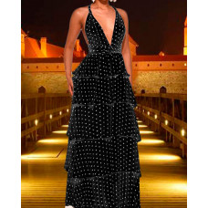 Polka Dots Crisscross Backless Layered Maxi Dress - black