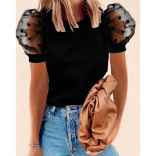 Polkadot Print Puffed Sleeve Short Sleeve T-shirt - black