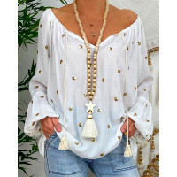 Polkadot Tassel Design Lantern Sleeve Casual Top - white