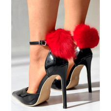 Pom Pom Decor Ankle Strap Stiletto Heel Pumps - black&red