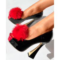 Pom Pom Decor Colorblock Platform Pyramid Heels - black&red