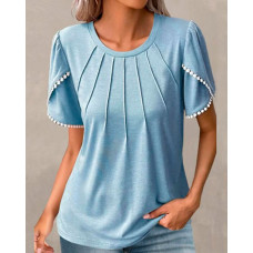 Pom Pom Ruched Round Neck Top - blue