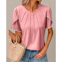 Pom Pom Ruched Round Neck Top - pink