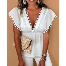 Pom Pom Trim V-Neck Backless Top - white