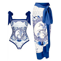 Porcelain Print Tied Detail One Piece Swimsuit With Cover Up - blue