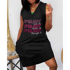 Pray On It Pray Over It Pray Through It Print Sleeveless Casual Dress - black