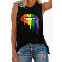 Pride Month Lip Print Round Neck Tank Top - black