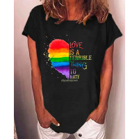 Pride Month Rainbow Stripe Love Is A Terrible Thing To Hate Heart Letter Print Casual T-shirt - black