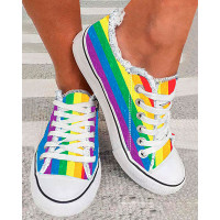 Pride Month Rainbow Stripe Print Lace-up Canvas Sneakers - Multicolor