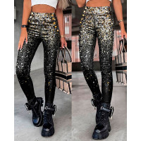 Print Button Decor High Waist Skinny Pants - black