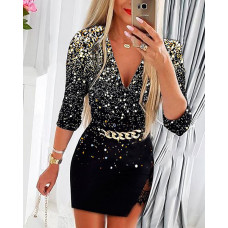 Print Contrast Lace Chain Decor Long Sleeve Work Dress - black