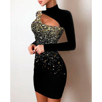 Print Cutout Front Long Sleeve Bodycon Dress - black