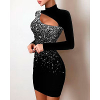 Print Cutout Front Long Sleeve Bodycon Dress - blackwhite