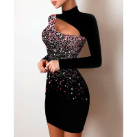 Print Cutout Front Long Sleeve Bodycon Dress - pink