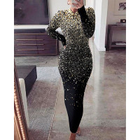 Print Long Sleeve Bodycon Dress - black