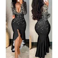 Print Long Sleeve Deep V-Neck Mermaid Dress - black