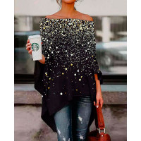 Print Off Shoulder Asymmetrical High Low Hem Top - black