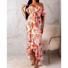 Print Off Shoulder Knotted Top & Ruffles Skirt Set - orange