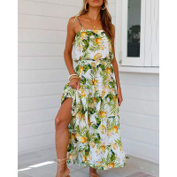 Print Spaghetti Strap Ruffles Casual Dress - green