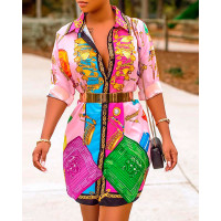 Print Turn-down Collar Shirt Dress - Multicolor