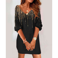 Print V-Neck Long Sleeve Casual Dress - black