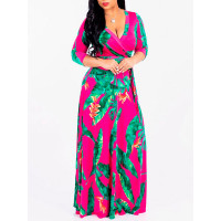 Printed Long Sleeve Tie Waist Wrap Maxi Dress - gold