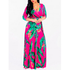 Printed Long Sleeve Tie Waist Wrap Maxi Dress - gold