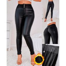 PU Leather Button Design Fleece Lined Pants - black