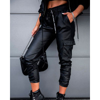 PU Leather Flap Pocket Drawstring Cargo Pants - black