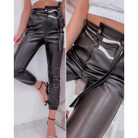 PU Leather High Waist Belted Cuffed Pants - black