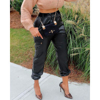 PU Leather High Waist Pocket Design Pants - black