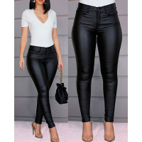 PU Leather High Waist Single Button Pants - black