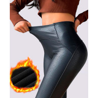 PU Leather High Waist Thermal Warm Fleece Lined Leggings - black