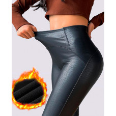 PU Leather High Waist Thermal Warm Fleece Lined Leggings - black