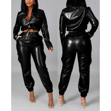 PU Leather Long Sleeve Top & Cuffed Pants Set - black