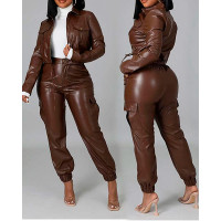 PU Leather Long Sleeve Top & Cuffed Pants Set - brown